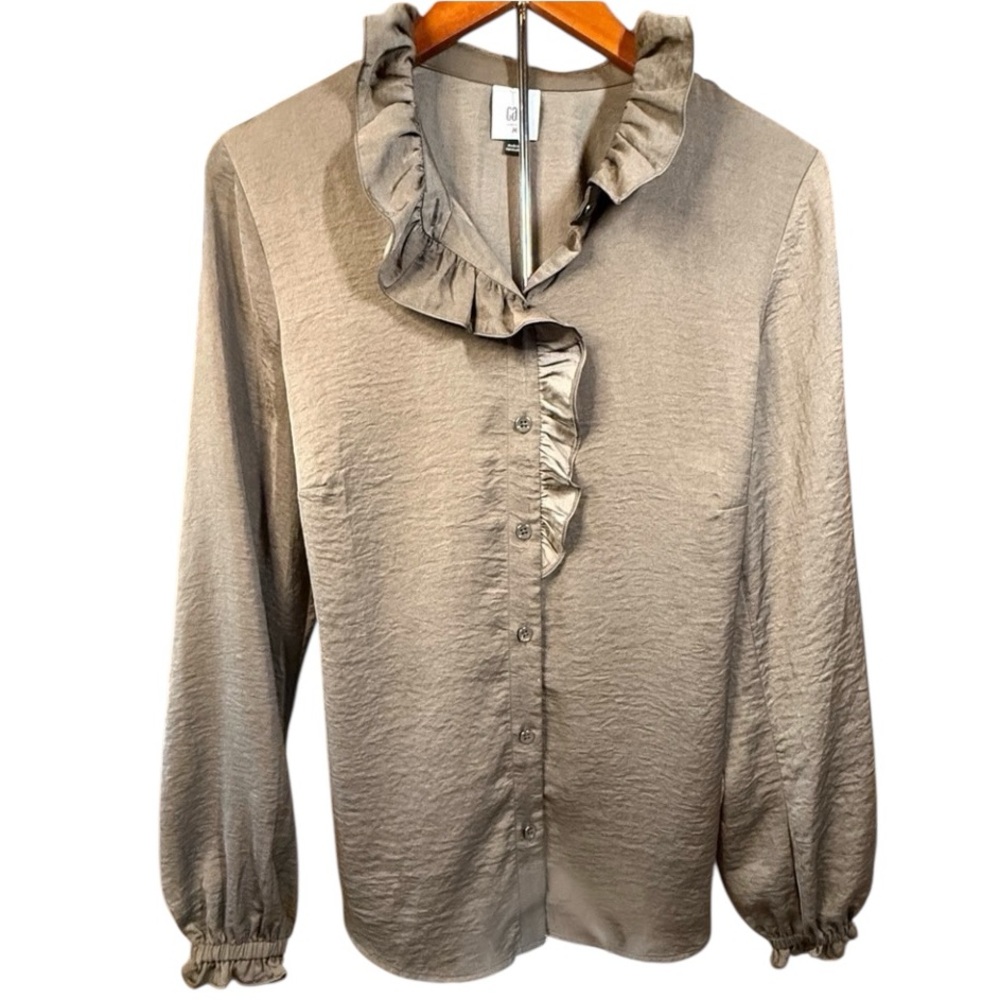 CAbi Icon Blouse in Olive Green/Brown. Boho or Casual Office, Size Medium